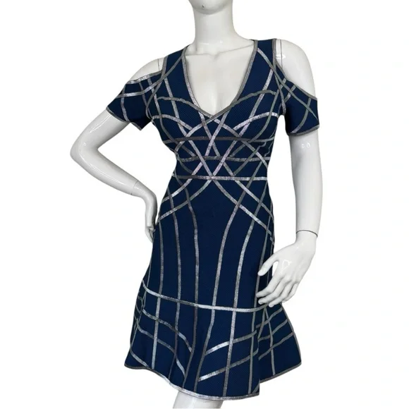 HERVE LEGER VERONIKKA CAGED STRAPPY SEXY RARE COLD-SHOULDER FLUTE DRESS Sz L - Picture 9 of 17